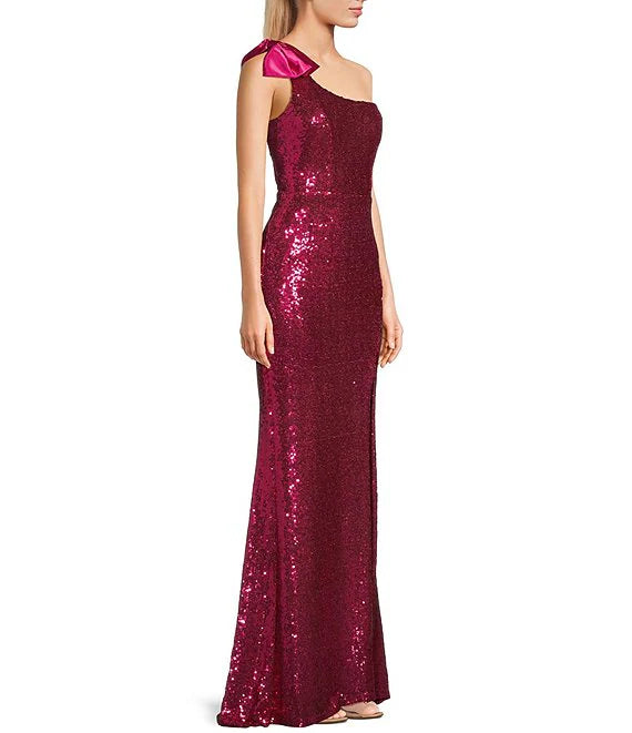 Sequin bow straight shoulder front slit long prom dress
